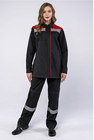 Костюм летний женский "Смена" т.серый/красный (Саржа, 100% хлопок) КСМ 108